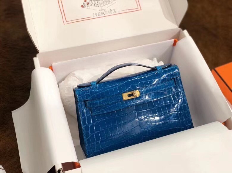 Hermes Mini Kelly Pochette 22cm Bag In Dark Blue Shiny Alligator Leather